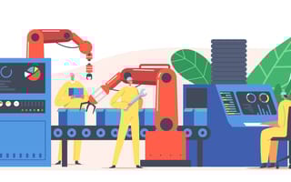 Workers gather around a tech-enabled assembly line