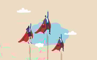 Three professionals with capes flying into the sky.