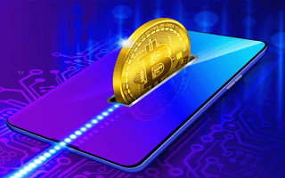 A bitcoin slotting into a mobile device's screen to be traded on a crypto app.