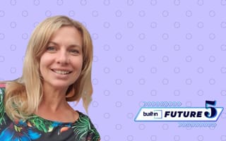 U4U founder and CEO Ila Marchetta on a purple polka dot backgroun with the future 5 logo in the bottom righthand corner