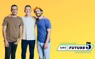 Givebutter's founders on a yellow background next to the future five logo