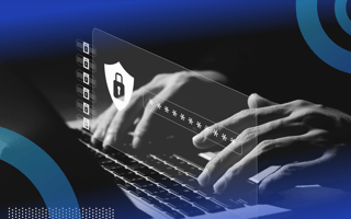 A close-up of hands typing on a laptop keyboard, with a semitransparent overlay of a hashed password floating above. /cybersecurity/emerging-trends-cybersecurity-threats-2022