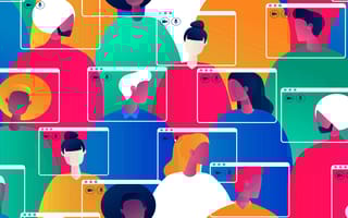 An illustration of a group of students attending a college career fair, both in person and virtually.