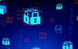 Floating blockchain cubes with lock icons representing private blockchains.