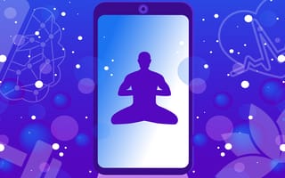A moble device surrounded by heal app icons such as a person meditating, a heart icon, a brain icon, and a fitness icon.