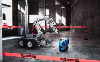 police robot approaching a backpack in a closed-off area