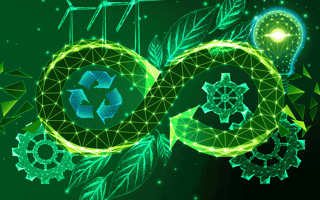 An infinity symbol with a recycle icon and environmental icons surrounding it representing a circular economy.