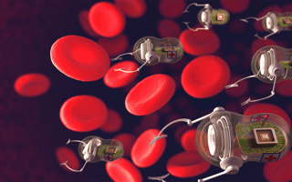 Microbots deployed in a bloodstream surrounded by red blood cells.