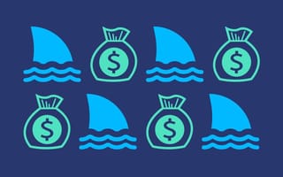 shark fins next to money bag icons on a navy background