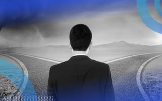 A man in a suit is facing away, looking at a road that splits in two, one headed toward a storm and tornado and one headed toward sunshine. /recruiting/8-questions-to-ask-before-joining-doomed-startup