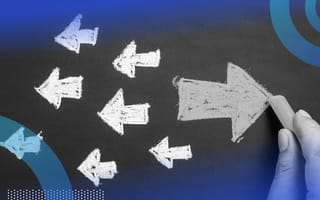 Several small arrows are pointing left, but a hand is drawing a larger arrow pointing to the right. /corporate-innovation/9-pieces-unconventional-wisdom