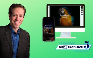 Yearly co-founder and CEO Josh Kligman next to a product example on a green background