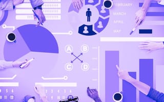 Big data in education, purple pie graph and bar graph with pink background.