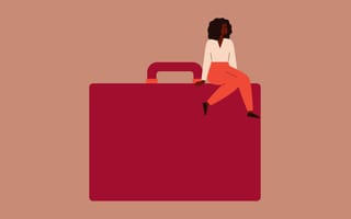 An illustration of a woman sitting on an oversized briefcase.