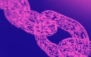 Blockchain cybersecurity pink chain on purple background.