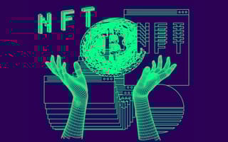 digital hologram art of hands holding up a bitcoin symbol with "NFT" in background