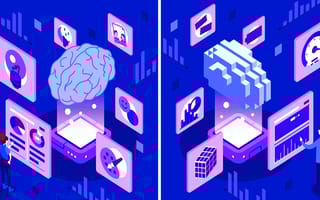 The digital brain of weak AI compared to a detailed brain of strong AI.