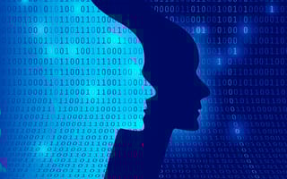 A digital face made of code overlapping a human's face.