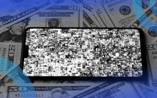 A smartphone displays numerous small images on top of a pile of money
