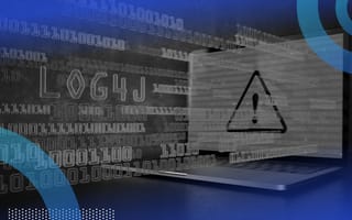 A laptop shows a warning against a background of code that says "Log4j"