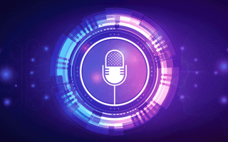 A mic icon surrounded by AI podcast icons such as a brain and face made of software.