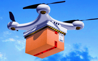A drone carrying a package during a delivery.