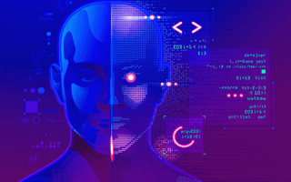 A robot's head surrounded by robotic programing languages during it programming.