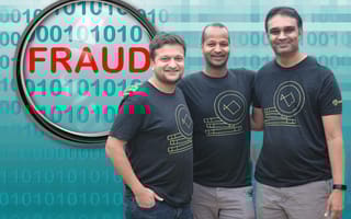 Sardine co-founders Aditya Goel, Soups Ranjan and Zahid Shaikh in front of a series of ones and zeros, a spyglass and the word "fraud" in red