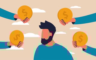 Arms - bearing giant coins - extend towards a bearded man in the center