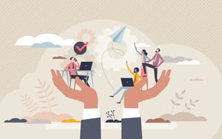 An illustration of two giant hands uplifting an office team