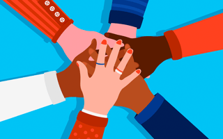 Hands of divers peole stacked on top of each other in a commitment to DEI Initiatives.