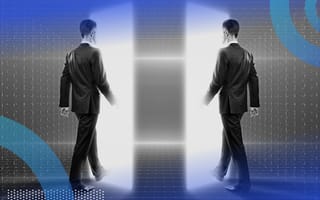 Two men walk through glowing, digital doorways