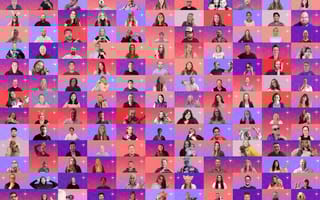 zoom meeting of the artera team but coordinated by colors of red, blue and purple