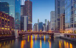 The Chicago skyline as viewed from the Chicago River