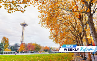 Seattle Space Needle surrounded by fall leaves