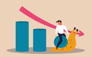 Illustration of bar graph downward arrow man riding snail