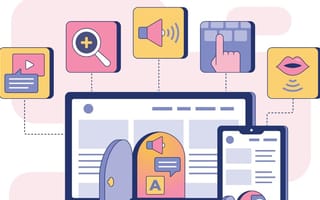 Image of a computer and smart phone with icons relating to accessible use.