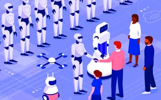 A group of people meeting different types of robots as a part of robots as a service.