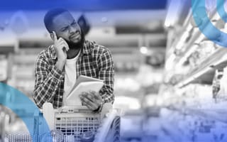 Product pricing problems vex grimacing man at a grocery store