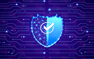 A cybersecurity shield surrounded by certification icons.