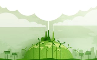 A green eco-friendly cityscape background with greentech solutions below and pollution above.