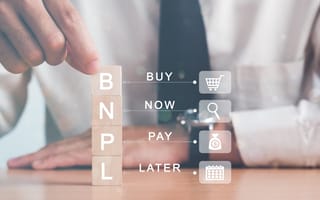 Buy now, pay later graphic overlays a photo of a person at a table