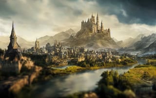 A castle set in a medieval landscape.