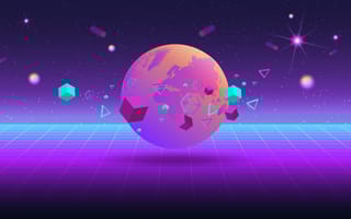 neon geometric shapes orbiting a planet