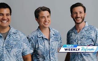 Retirable co-founders take a group photo in Hawaiian shirts