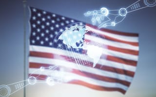 Digital vector image of hands and the earth as a tech concept overlaid on the American flag.
