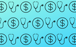 Graphics of stethoscope and a dollar sign on a yellow background