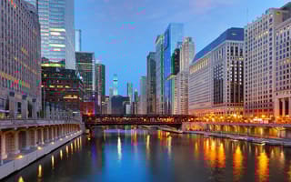 Chicago skyline from the river at night