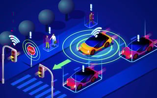 A car communicating with its surroundings using vehicle to everything technology.