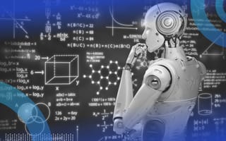 A humanoid machine examining a data set.